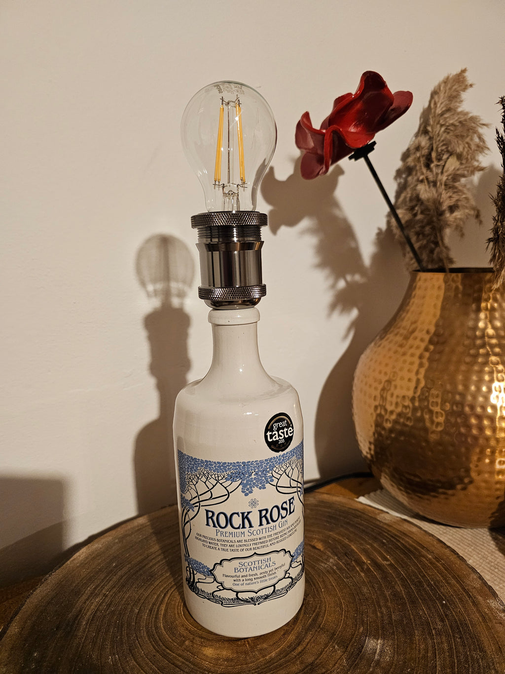 Upcycled Ceramic Rock Rose Gin Bottle Lamp