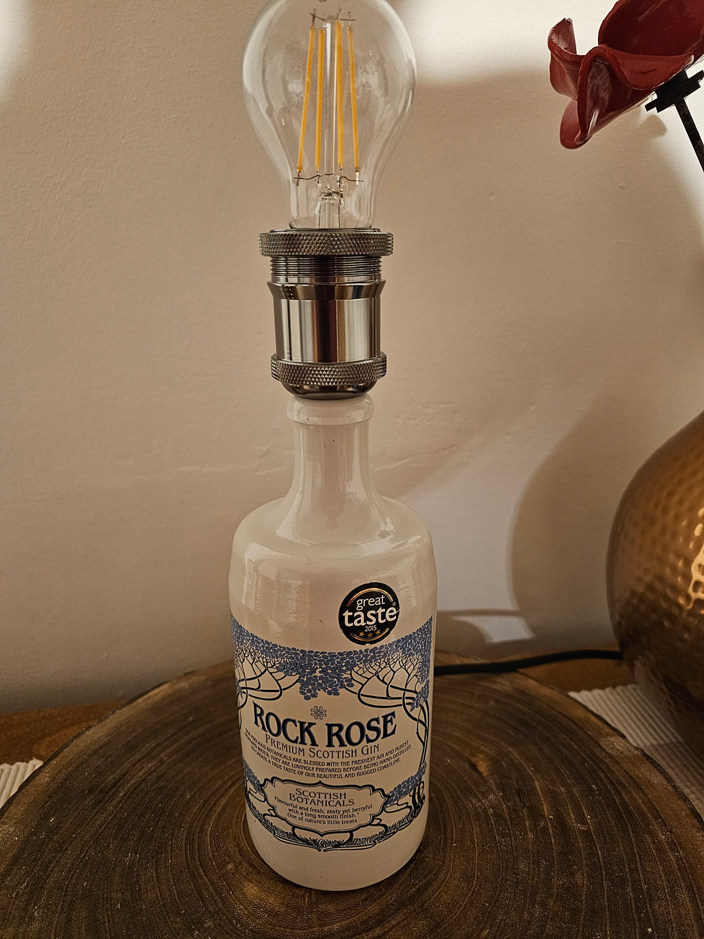 Upcycled Ceramic Rock Rose Gin Bottle Lamp