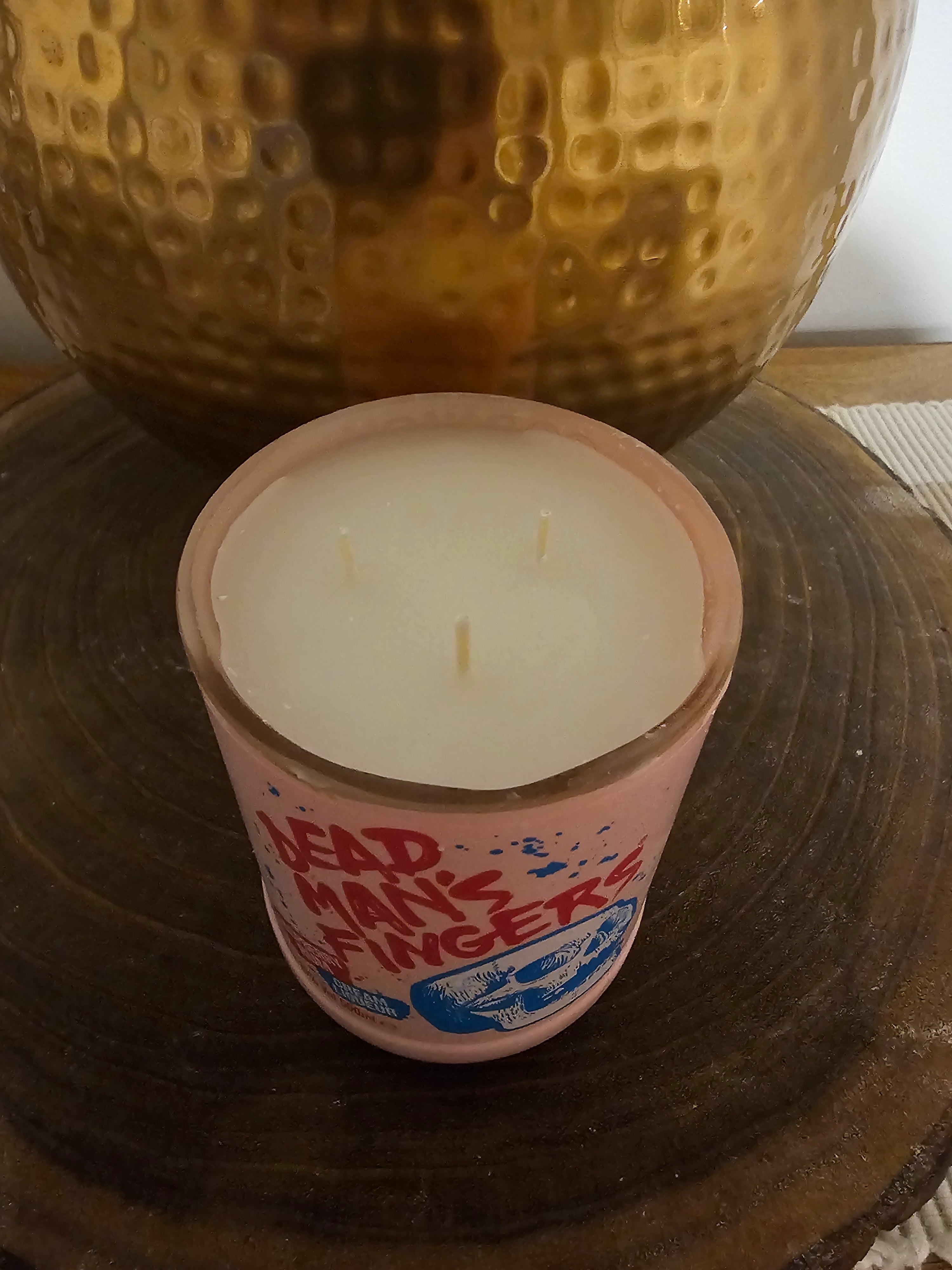 Lily of the Valley Soy Wax Candle, upcycled Dead Man’s Fingers Rum Bottle.