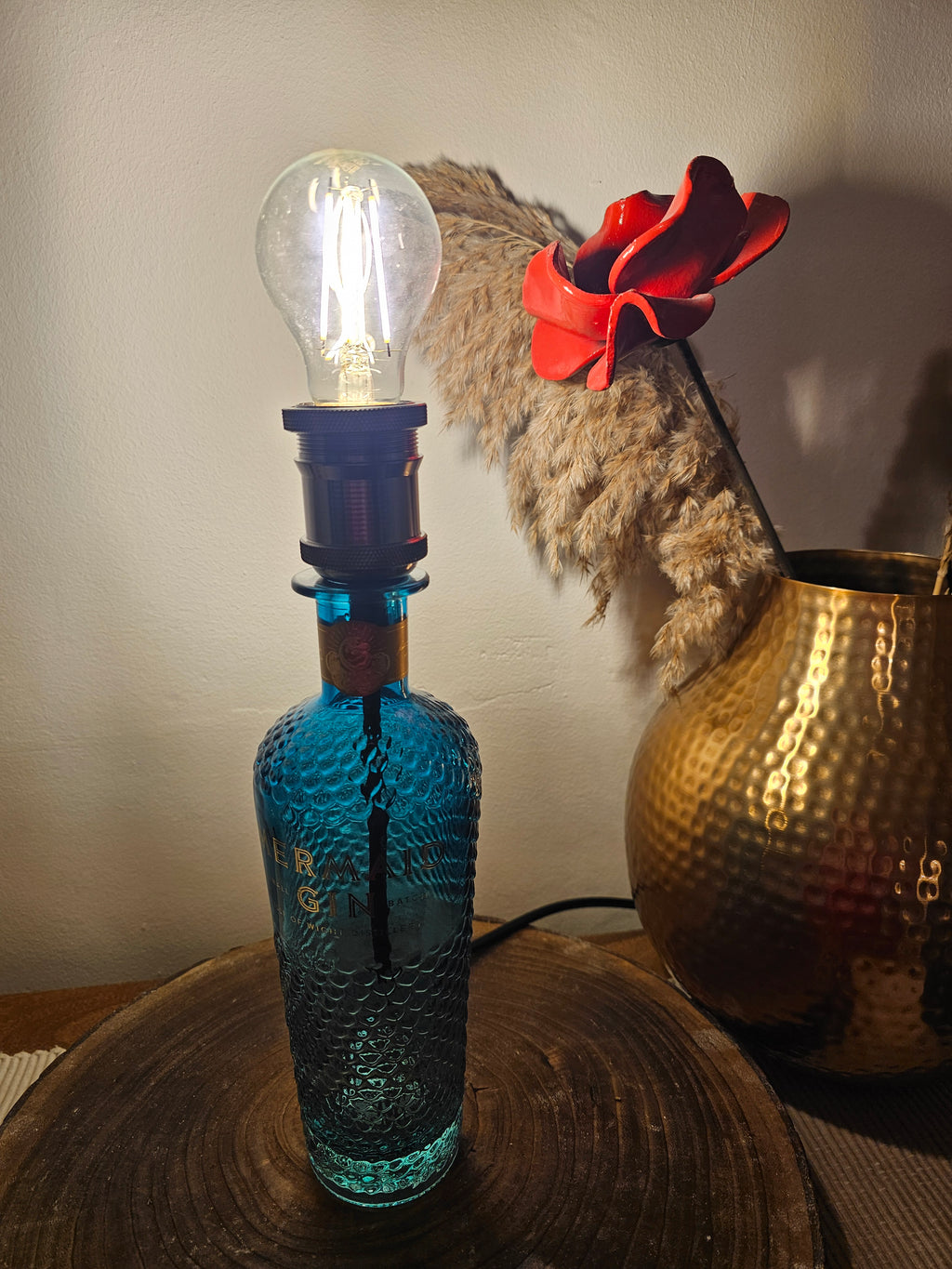 Upcycled Blue Mermaid Gin Bottle Lamp