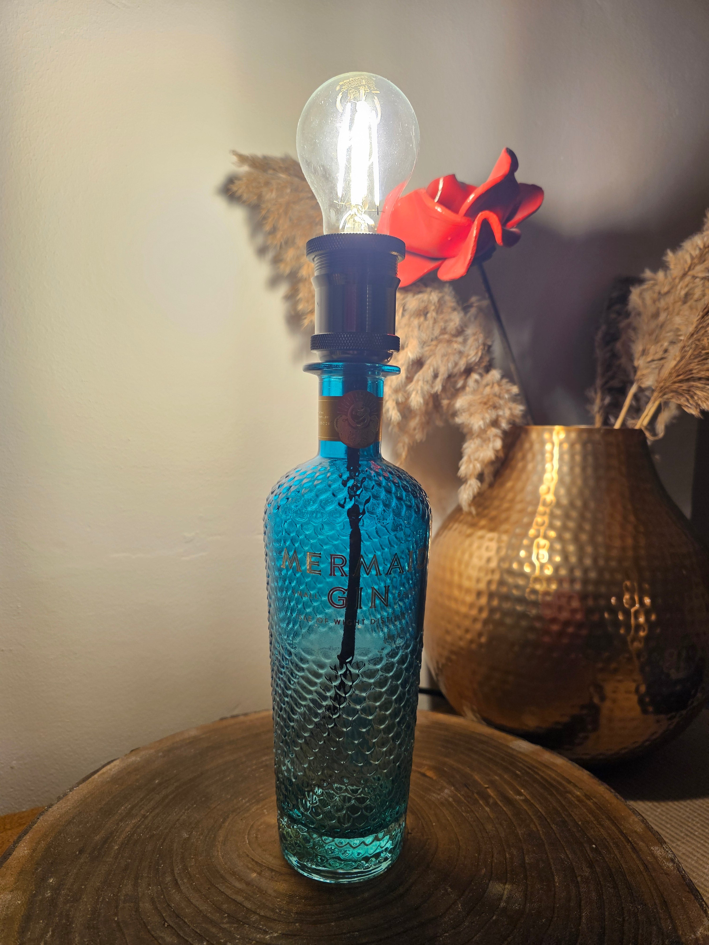 Upcycled Blue Mermaid Gin Bottle Lamp