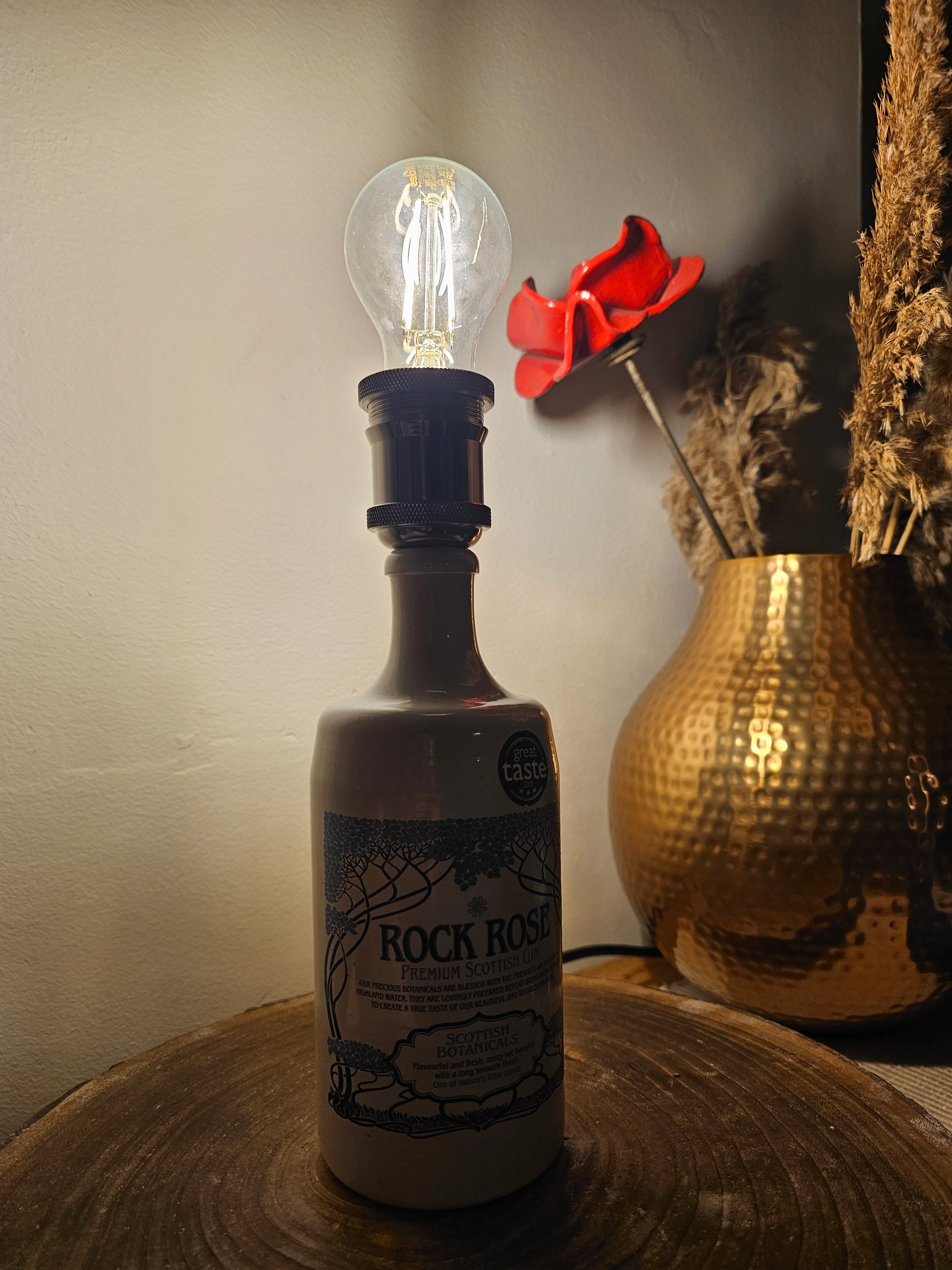 Upcycled Ceramic Rock Rose Gin Bottle Lamp