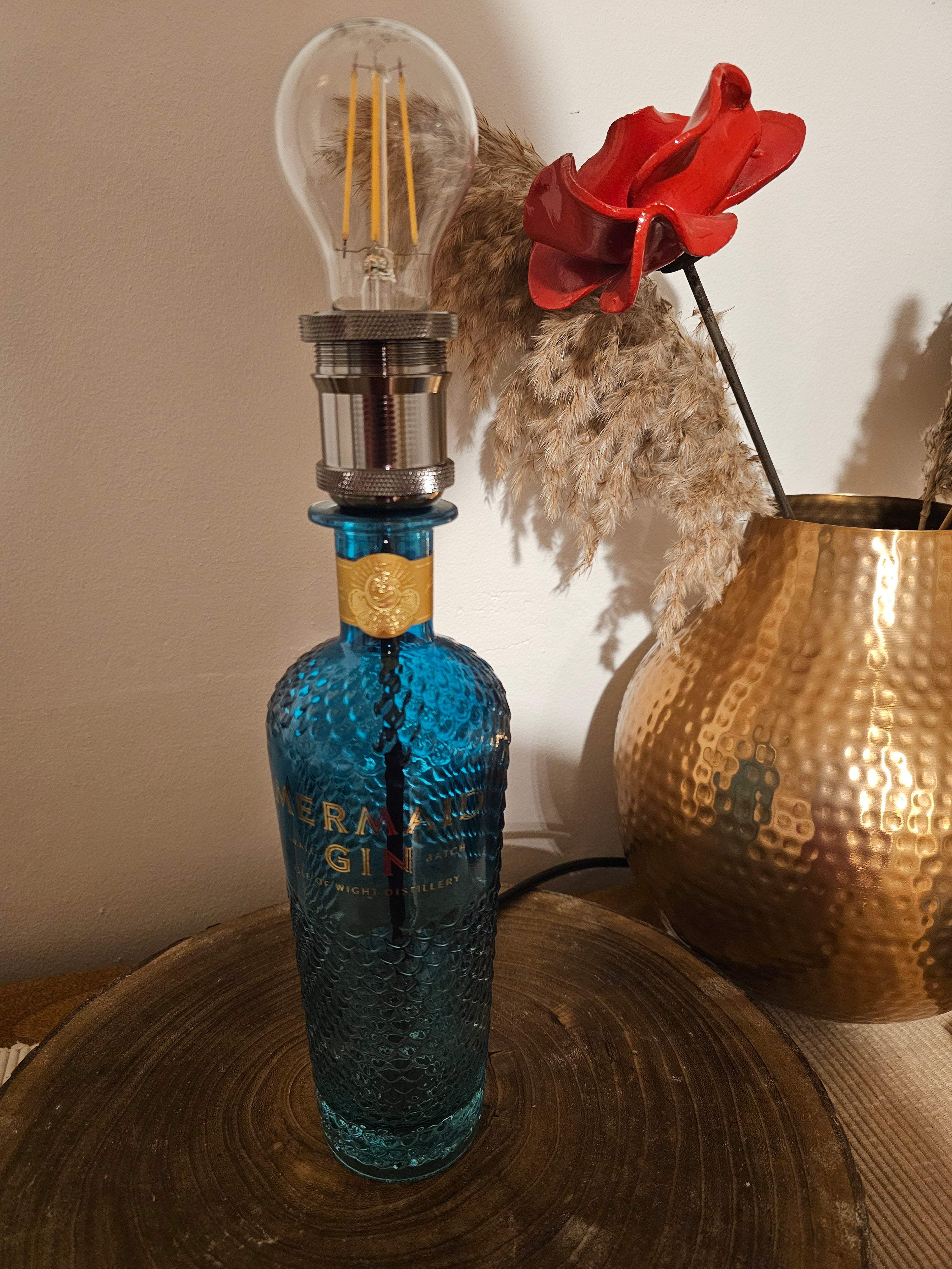 Upcycled Blue Mermaid Gin Bottle Lamp