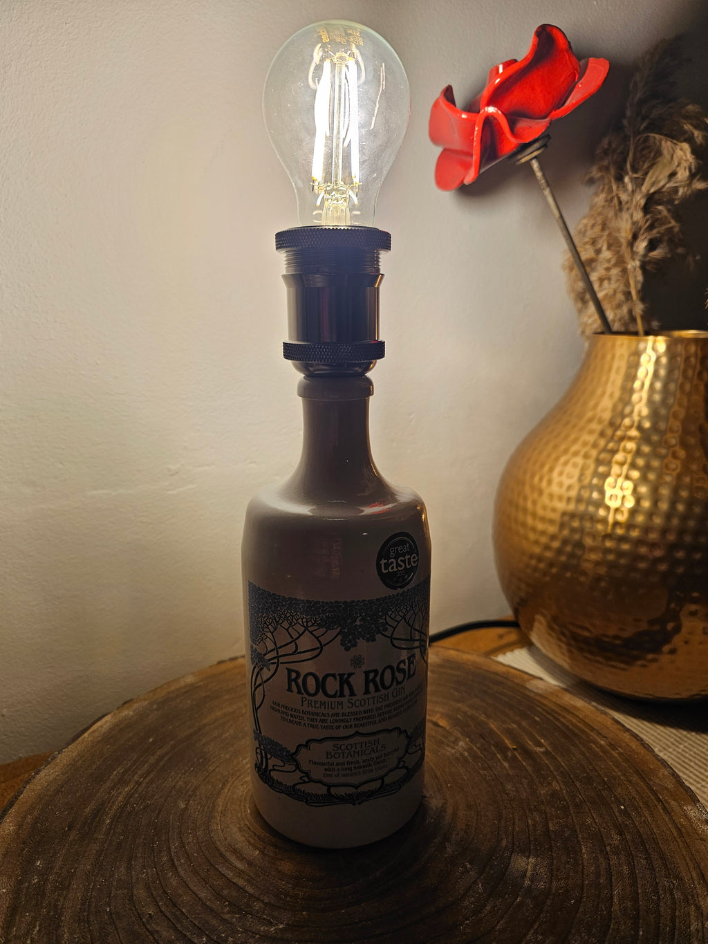 Upcycled Ceramic Rock Rose Gin Bottle Lamp