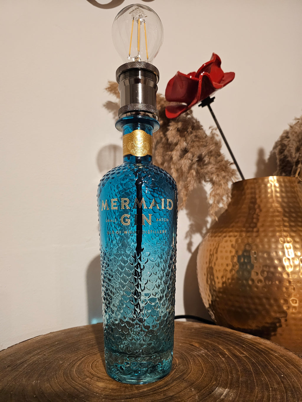 Upcycled Blue Mermaid Gin Bottle Lamp