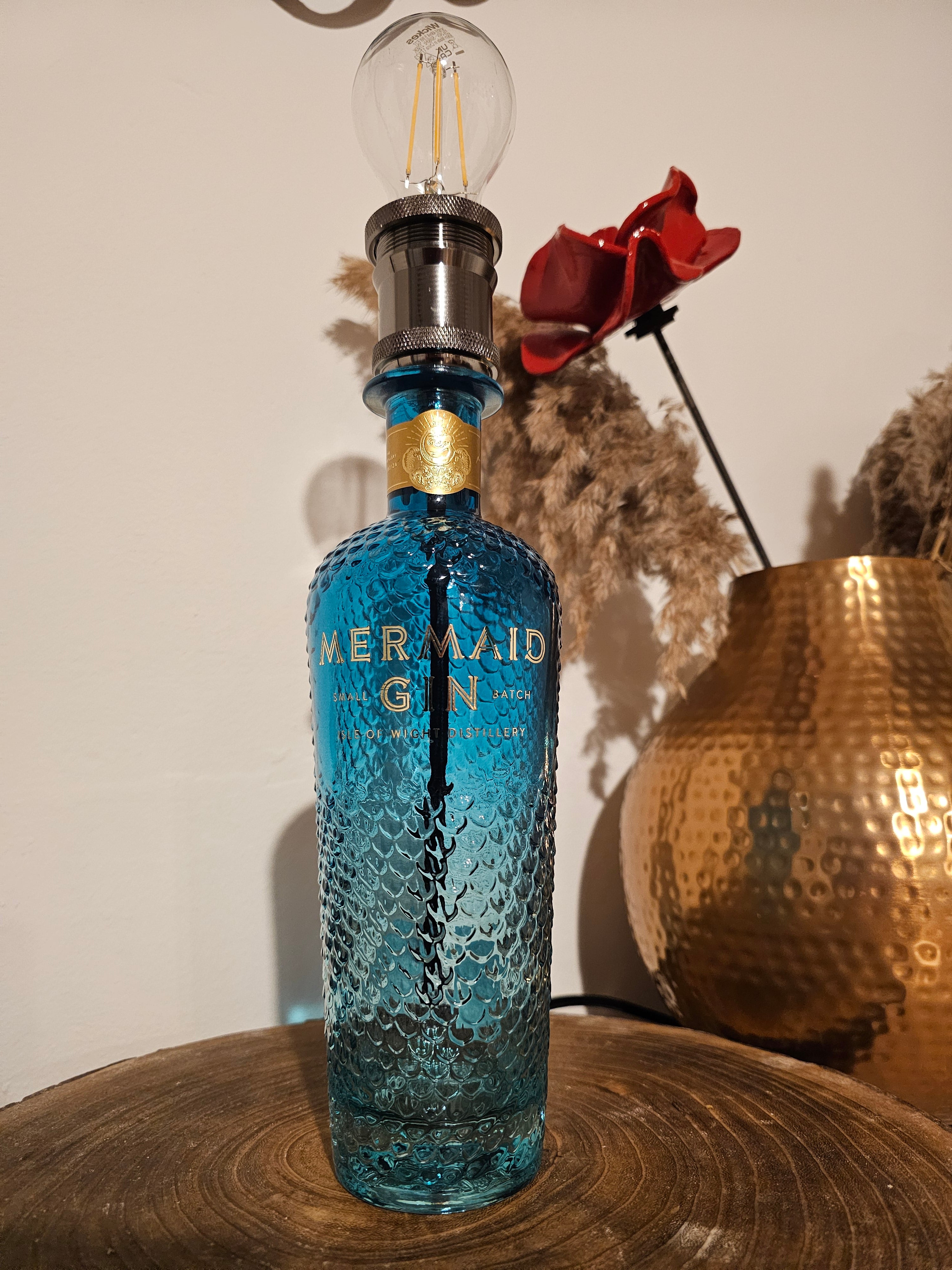 Upcycled Blue Mermaid Gin Bottle Lamp