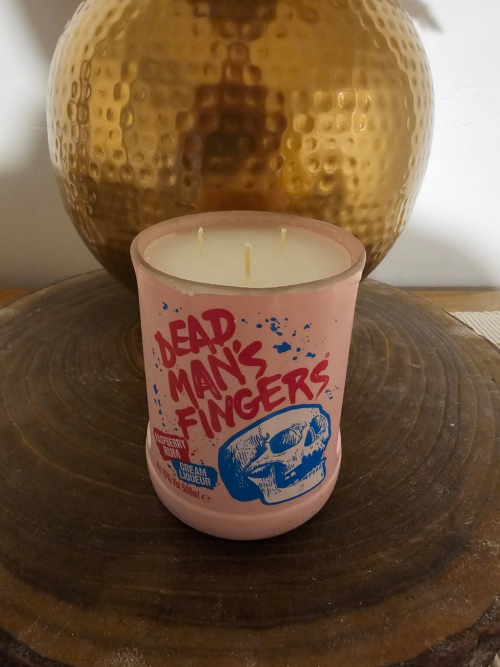 Lily of the Valley Soy Wax Candle, upcycled Dead Man’s Fingers Rum Bottle.