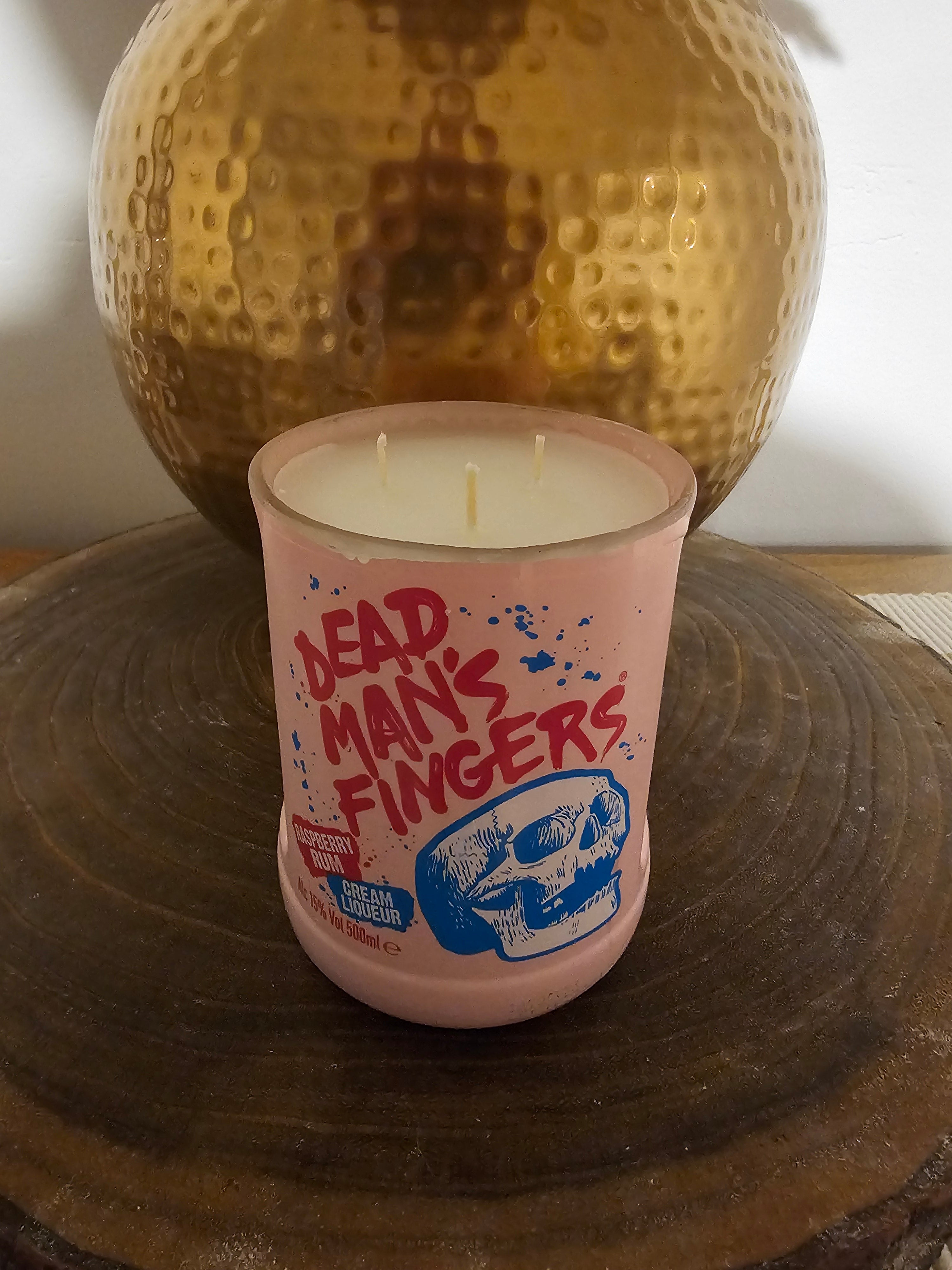 Lily of the Valley Soy Wax Candle, upcycled Dead Man’s Fingers Rum Bottle.