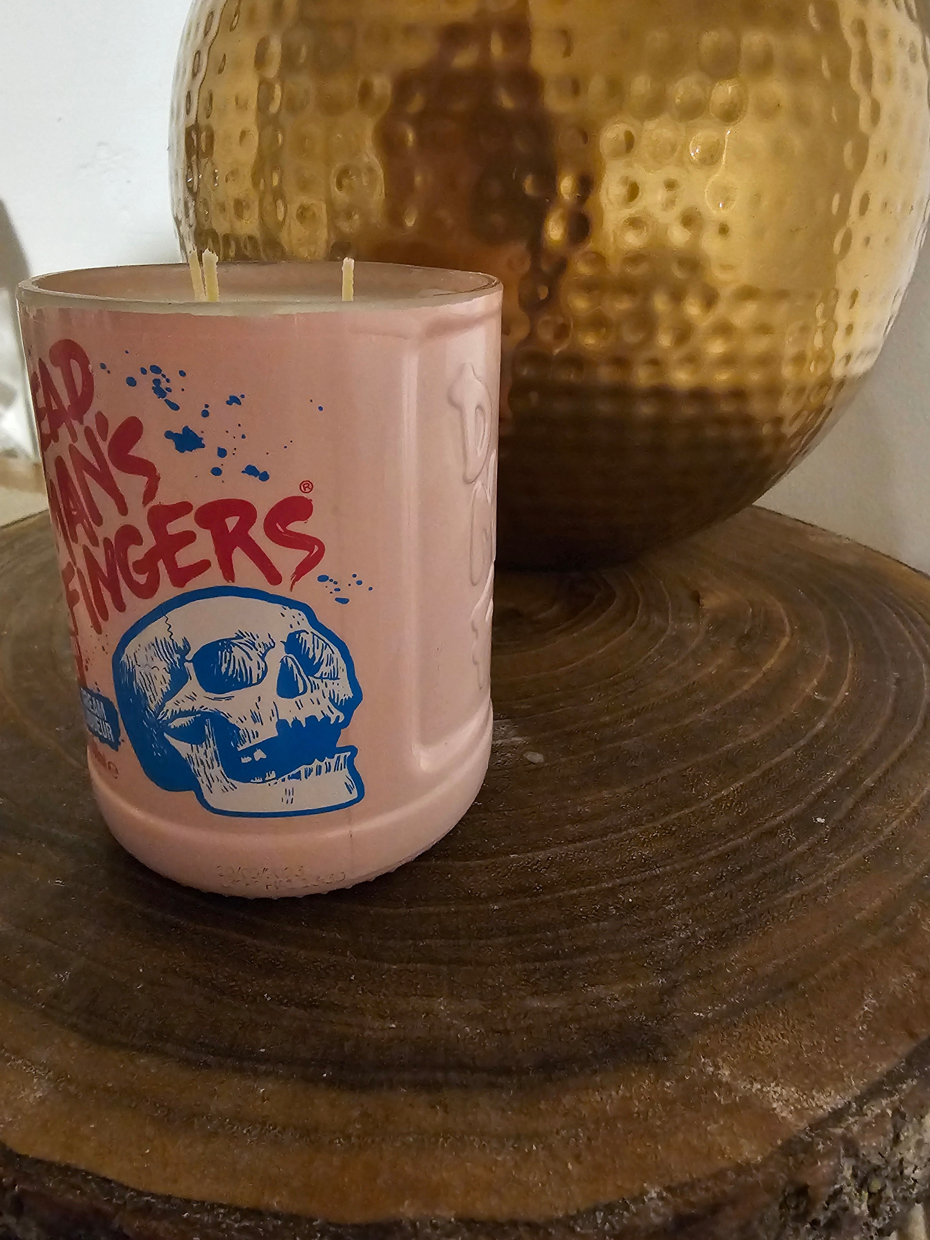 Lily of the Valley Soy Wax Candle, upcycled Dead Man’s Fingers Rum Bottle.